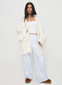 front view of model wearing Princess Polly Paisleigh Cable Knit Cardigan Cream Long 