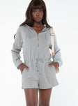 Hooded romper Zip fastening at front, drawstring waist, tie fastening, elasticated cuffs, twin hip pockets