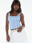 Front view of model wearing  front Princess Polly Sleeveless Square Neck  Lorinda Top Blue