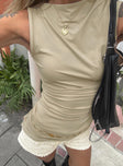 side view of model wearing Princess Polly Jassie Top Beige Sleeveless Asymmetric Neckline 