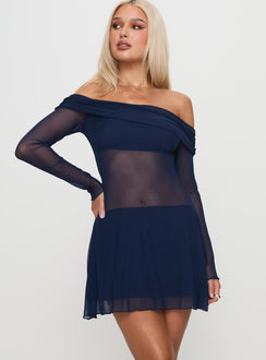 front view of model wearing Princess Polly Virtues Long Sleeve Sheer Mini Dress Navy Straight Neck 