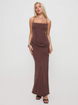 front view of model wearing Princess Polly Marchesi Cupro Maxi Dress Chocolate Square Neck 