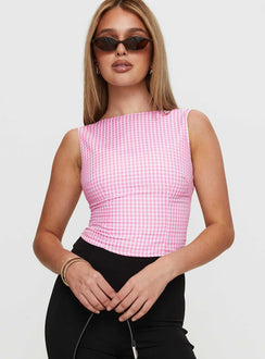 front view of model wearing Princess Polly Monterrey Backless Bow Detail Top Pink Gingham Sleeveless Boat Neck 