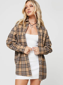 Front view of model wearing  front Princess Polly Full Sleeves Square Neck  Tollen Shirt Beige Check