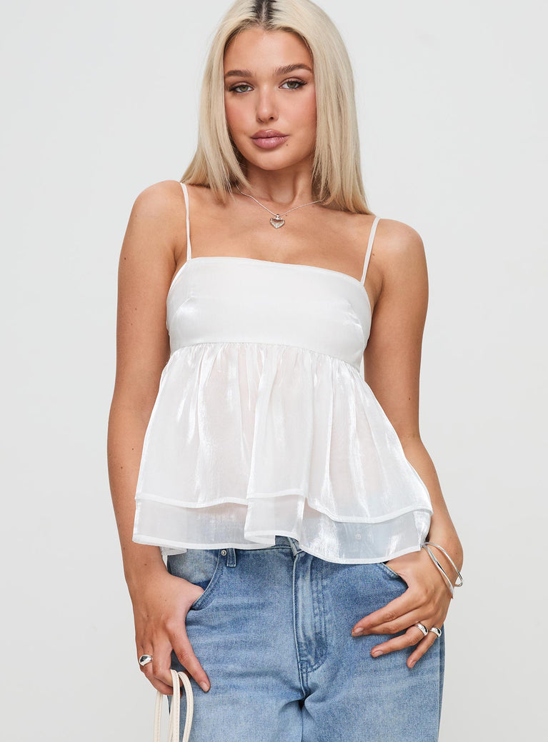 front view of model wearing Princess Polly Fireflies Top White Sleeveless Square Neck 