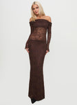 back view of model wearing Princess Polly Make Your Mark Off Shoulder Maxi Dress Chocolate Straight Neck 