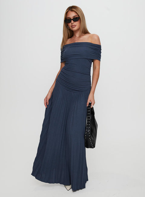 side view of model wearing Princess Polly Field Of Dreams Maxi Dress Navy Straight Neck 