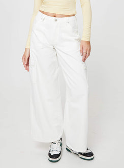 Front view of model wearing  front Princess Polly Mid Rise  Adrianne Wide Leg Cargo Jeans White