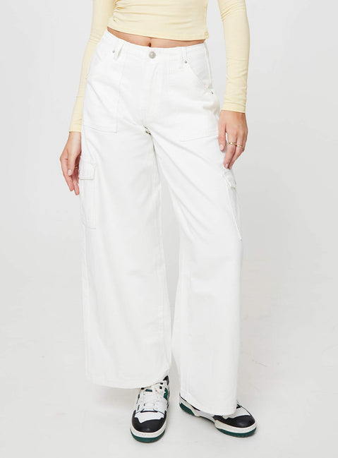 Front view of model wearing  front Princess Polly Mid Rise  Adrianne Wide Leg Cargo Jeans White