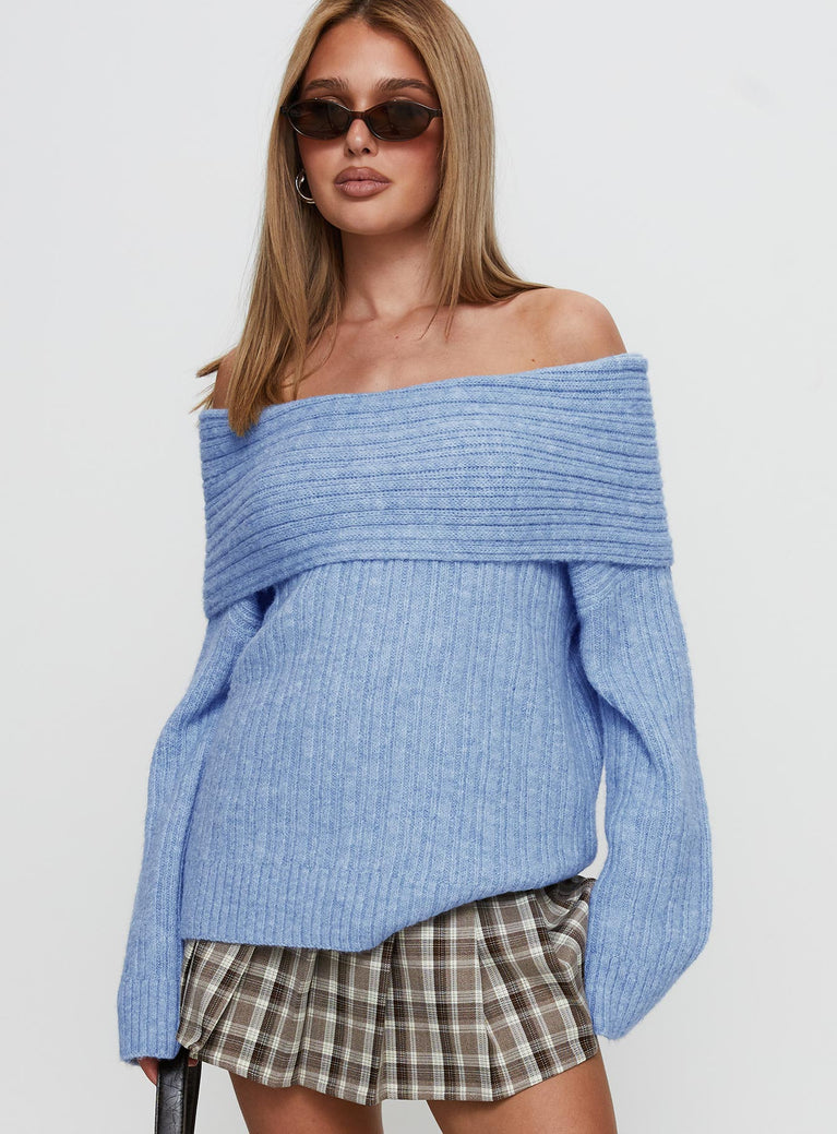 front view of model wearing Princess Polly Snowie Off Shoulder Knit Sweater Blue 