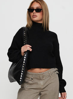 front view of model wearing Princess Polly Sayge Mock Neck Knit Sweater Black cropped 