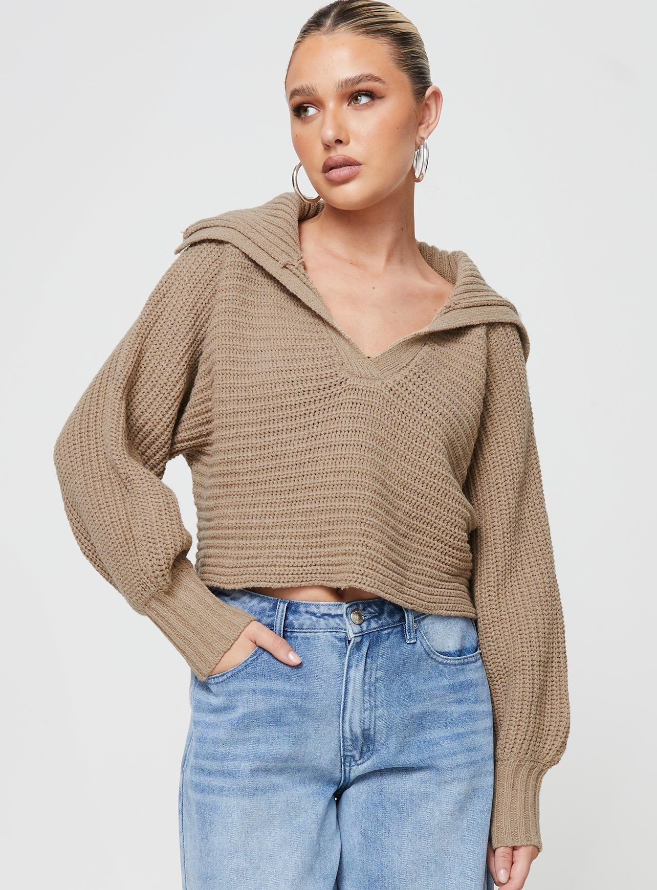 Front view of model wearing  front Wester Ribbed Sweater Mocha Princess Polly  