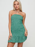 side view of model wearing Princess Polly Porschia Strapless Mini Dress Green Check Straight Neck 