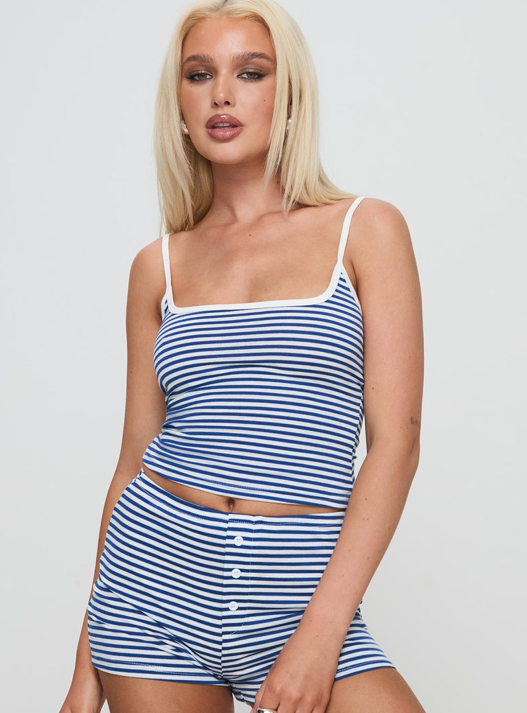 front view of model wearing Princess Polly Winslet Cami Top Blue Stripe Sleeveless Square Neck 