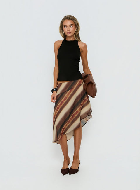   front view of model wearing Princess Polly Esmira Asymmetrical Midi Skirt Brown Stripe Midi Skirts 