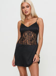 side view of model wearing Princess Polly Anavieve Lace Mini Dress Black V-Neck 