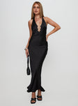 front view of model wearing Princess Polly Vasilisa Halter Neck Maxi Dress Black Plunger 