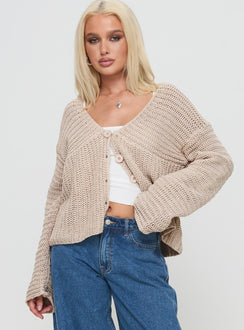 front view of model wearing Princess Polly Maela Knit Cardigan Mocha Cropped 