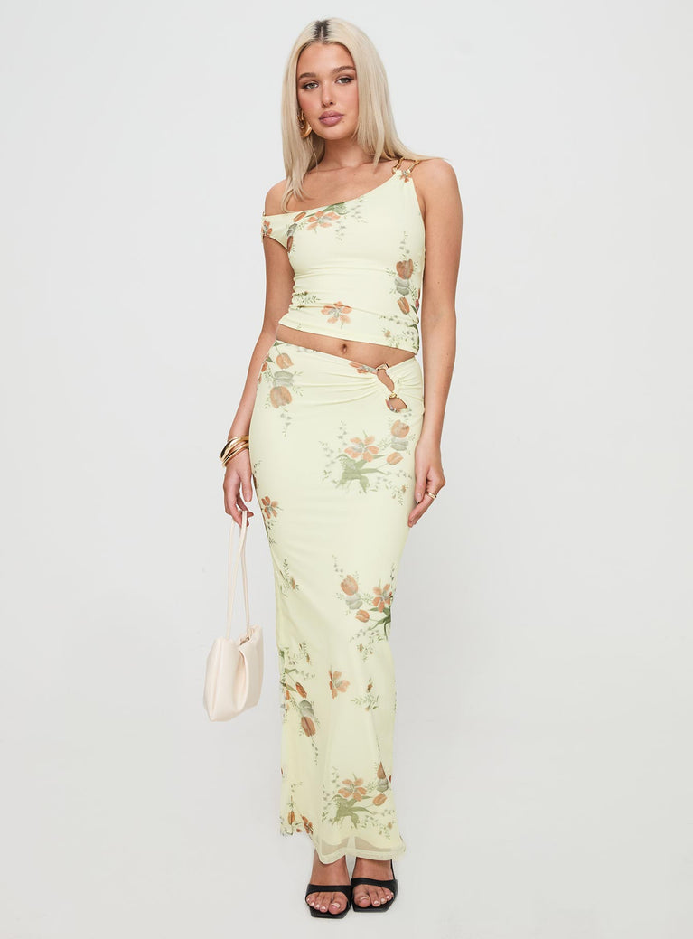   side view of model wearing Princess Polly Rios Maxi Skirt Cream Maxi 