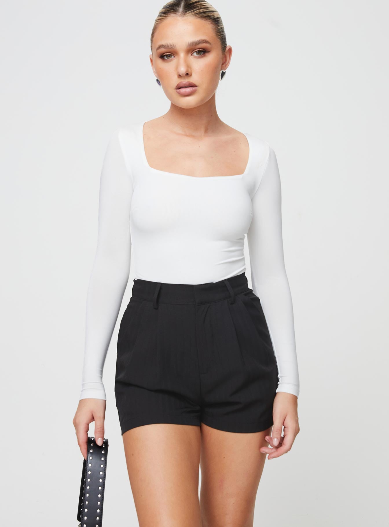 front view of model wearing Princess Polly Seize The Day Shorts Black High Waisted Shorts 