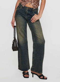 side view of model wearing Princess Polly Inverness Pinched Detail Wide Leg Jean Tea Mid Rise 