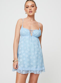 Front view of model wearing  front Princess Polly Crew Neck  Empress Of Love Mini Dress Blue Floral Applique