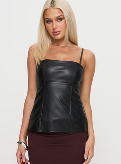 front view of model wearing Princess Polly Manique Top Black Sleeveless Square Neck 
