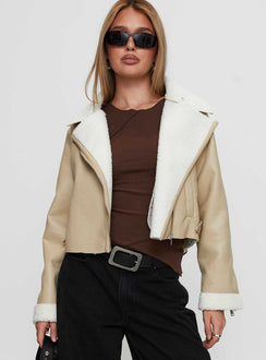 Shearling Trim Faux Leather Jacket Beige