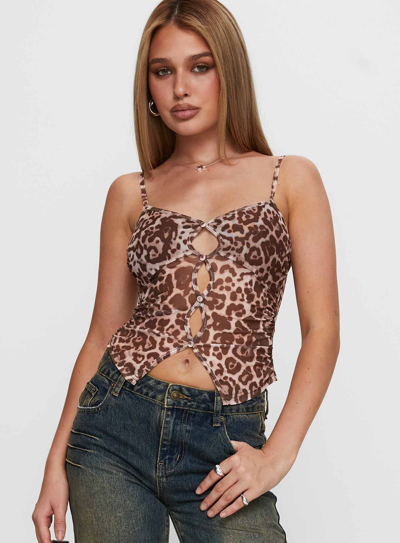 front view of model wearing Princess Polly Tanaia Button Up Top Leopard Sleeveless V-Neck 