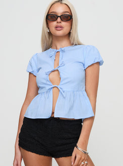 front view of model wearing Princess Polly Life On Mars Top Blue Gingham Short Sleeves High Neck 