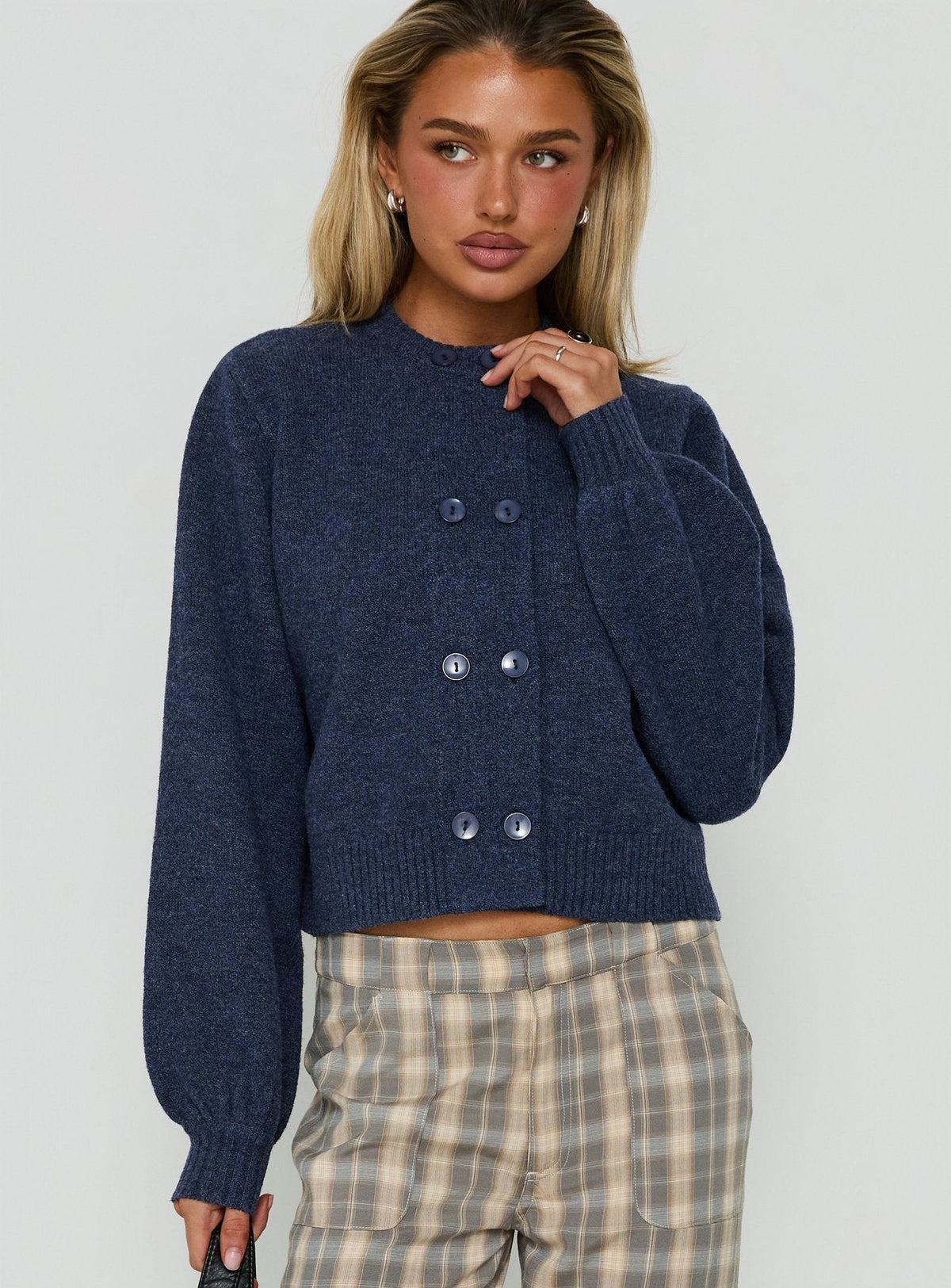 Discover the Kammi Button Up Cardigan Navy in womens-jumpers with short length front view of model wearing