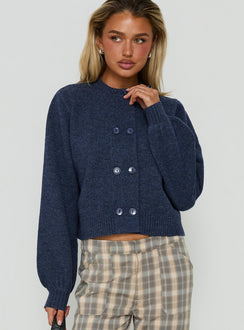 Discover the Kammi Button Up Cardigan Navy in womens-jumpers with short length front view of model wearing