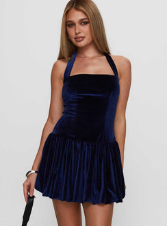 front view of model wearing Princess Polly Gigli Bubble Hem Mini Dress Navy Square Neck 