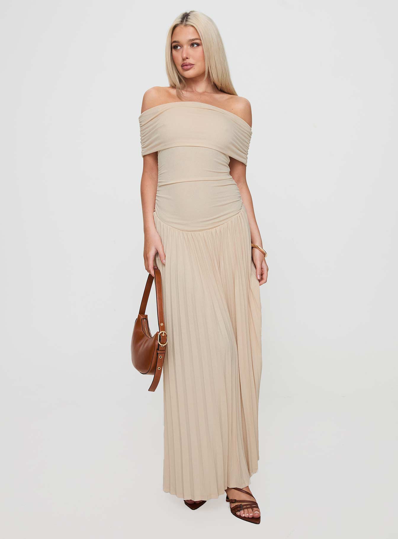 front view of model wearing Princess Polly Field Of Dreams Maxi Dress Oatmeal Straight Neck 