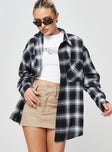 Front view of model wearing  front Princess Polly  Waver Shirt Black / White Check