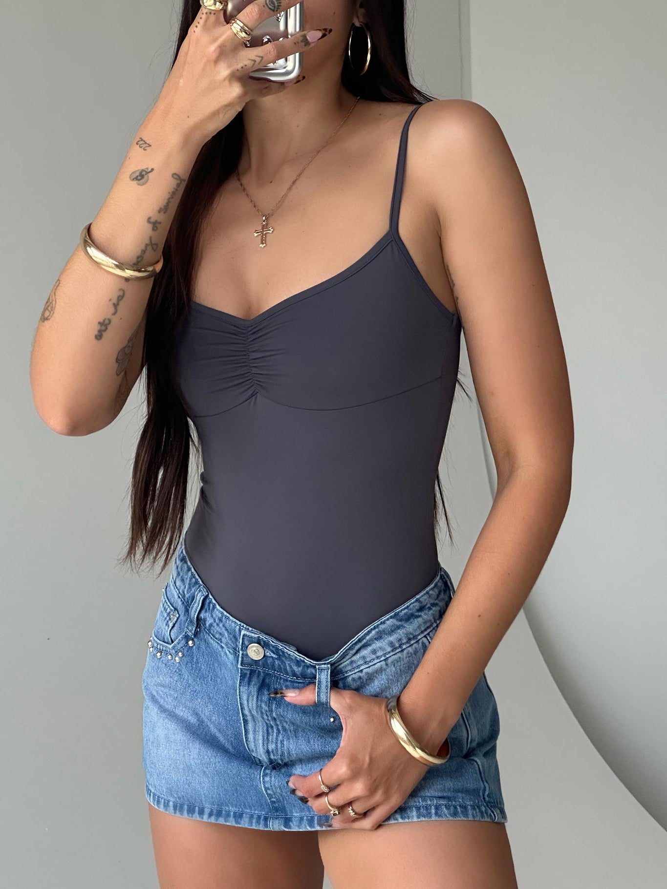 front view of model wearing Princess Polly Linden Bodysuit Slate Sleeveless 