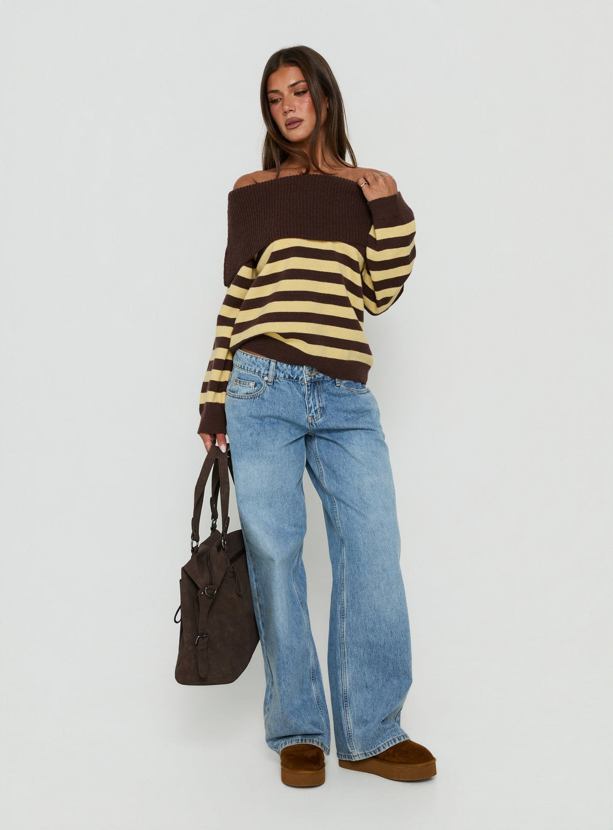 Next Page Foldover Long Sleeve Knit Jumper Brown / Yellow Stripe