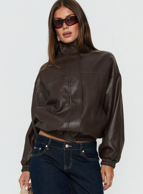 Dialtone Funnel Neck Faux Leather Jacket Washed Brown