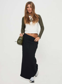   side view of model wearing Princess Polly My Girl Maxi Skirt Black Maxi 
