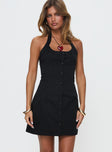 front view of model wearing Princess Polly Mallorie Halter Mini Dress Black Scoop Neck 