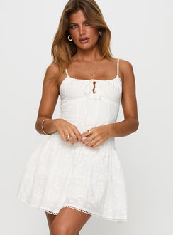 side view of model wearing Princess Polly Peonies Embroidered Mini Dress White Scoop Neck 