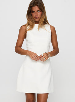 front view of model wearing Princess Polly Klaudia Mini Dress White Crew Neck 