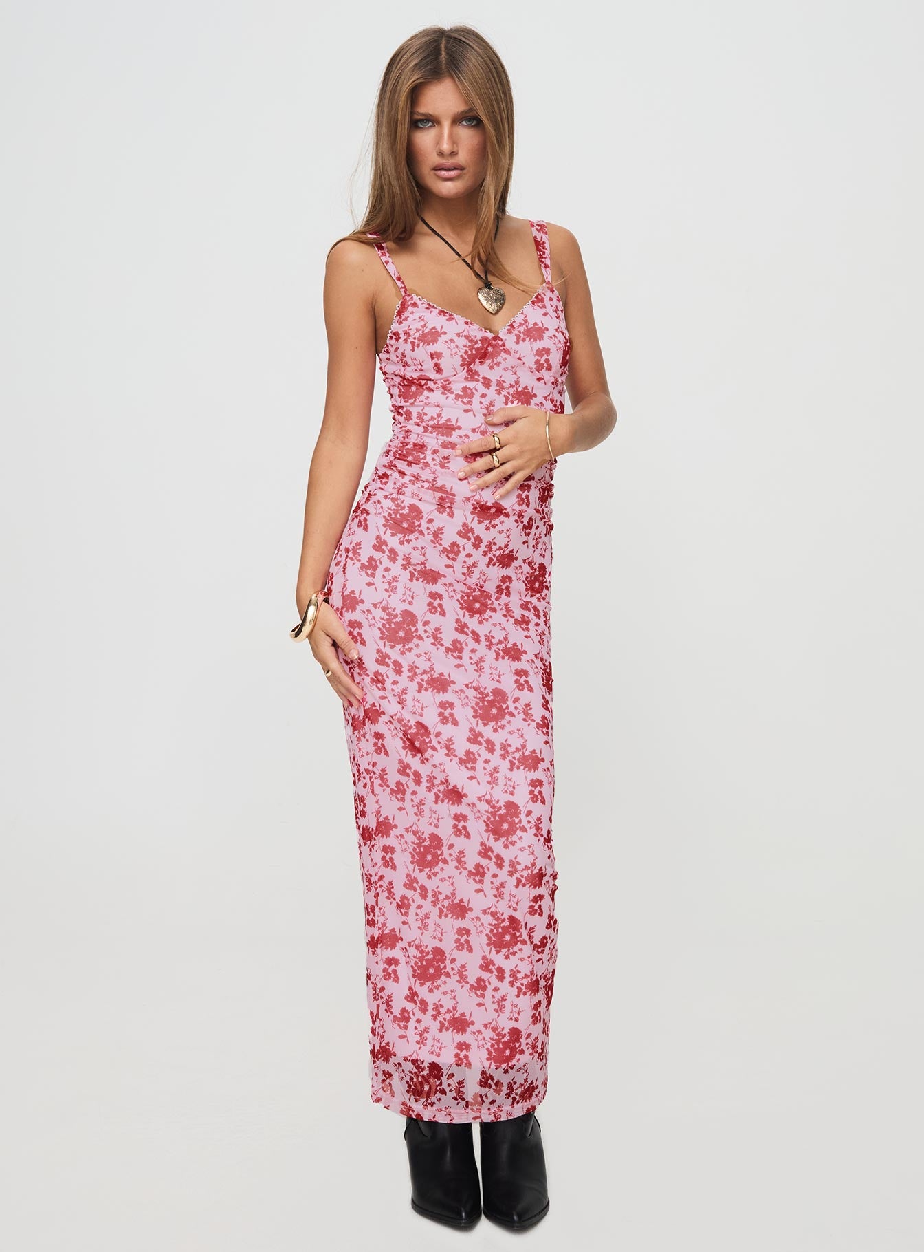 side view of model wearing Princess Polly Cotter Maxi Dress Pink / Floral Sweetheart Neckline 