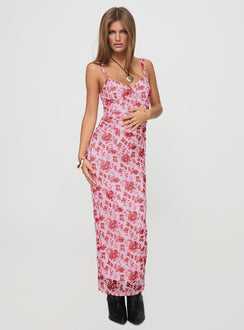 side view of model wearing Princess Polly Cotter Maxi Dress Pink / Floral Sweetheart Neckline 