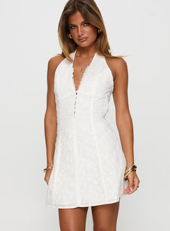 side view of model wearing Princess Polly Lovelia Halter Embroidered Mini Dress White V-Neck 
