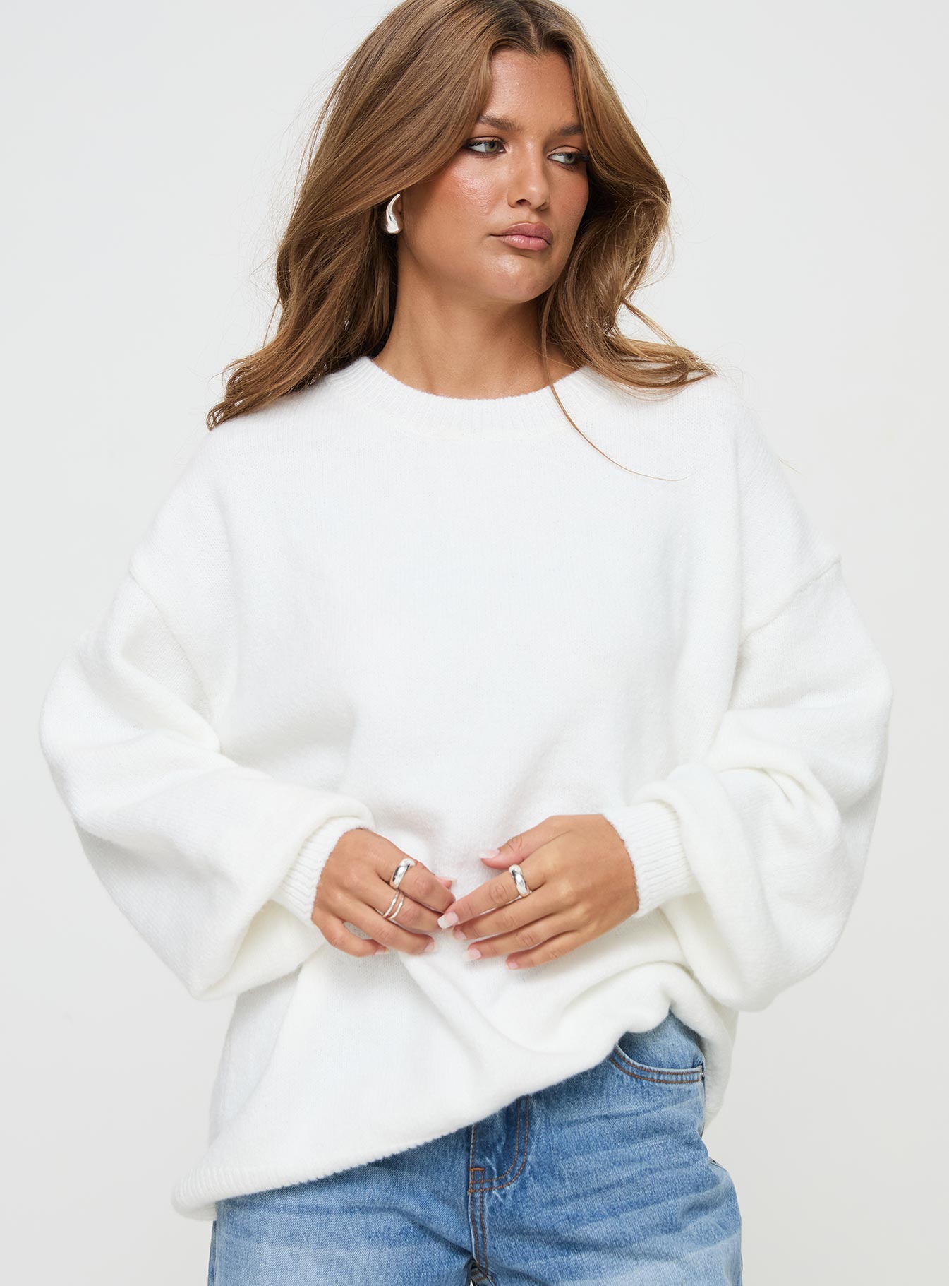 front view of model wearing Princess Polly Ryanna Sweater White Long 