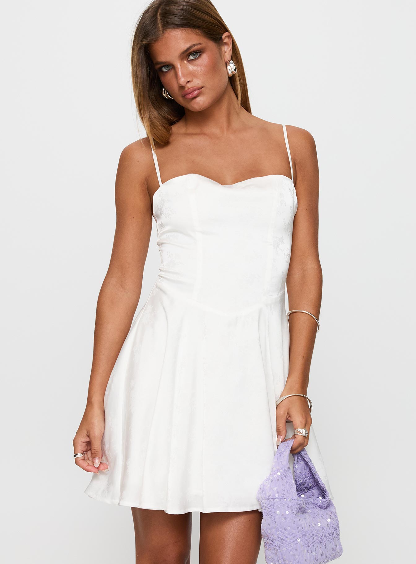 front view of model wearing Princess Polly Dreams Ahead Mini Dress White Square Neck 