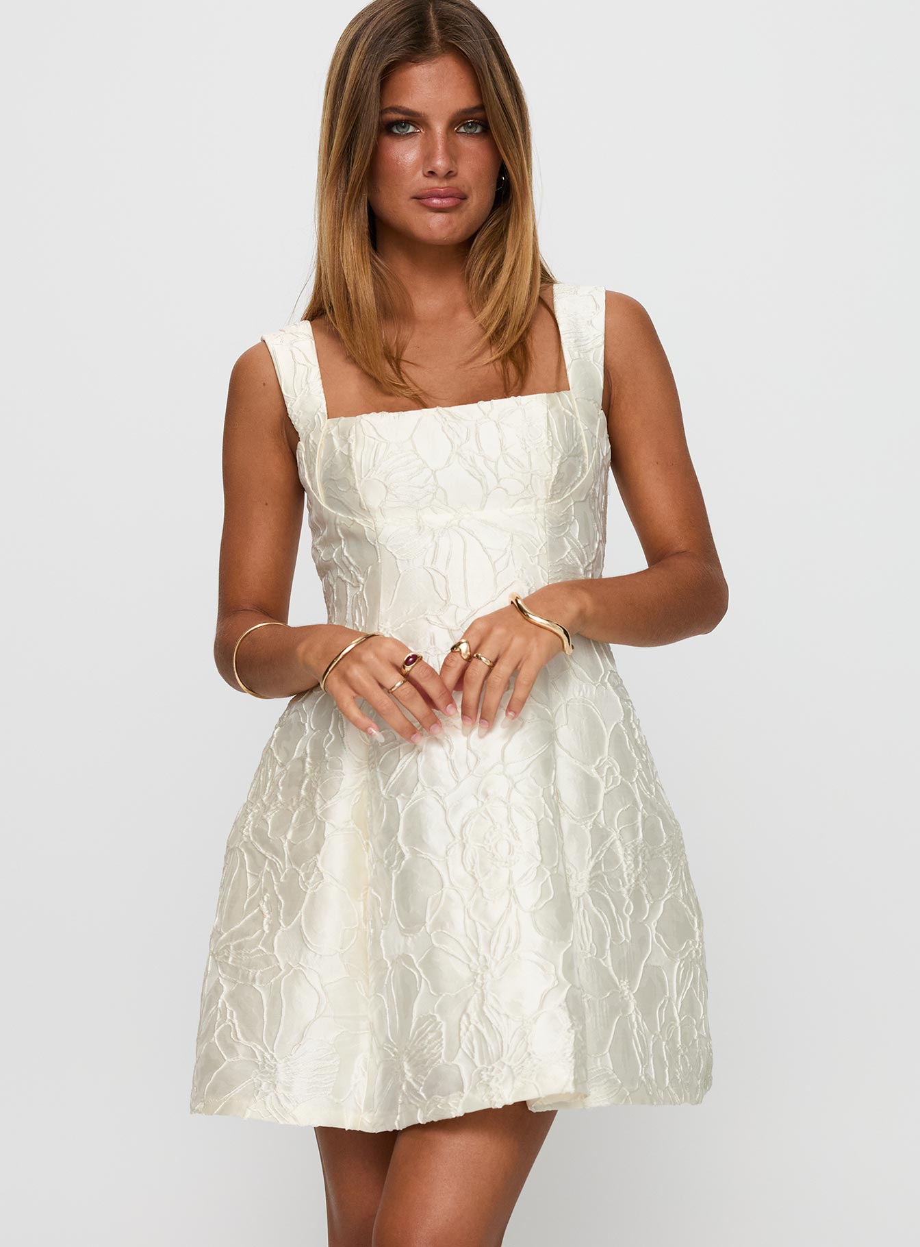 front view of model wearing Princess Polly Eloquent Mini Dress Ivory Square Neck 