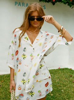 front view of model wearing Princess Polly Caraliia Shirt White / Multi Three Fourth Sleeves V-Neck 