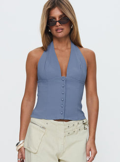 front view of model wearing Princess Polly Serefina Halter Top Blue Slate Sleeveless Plunger 